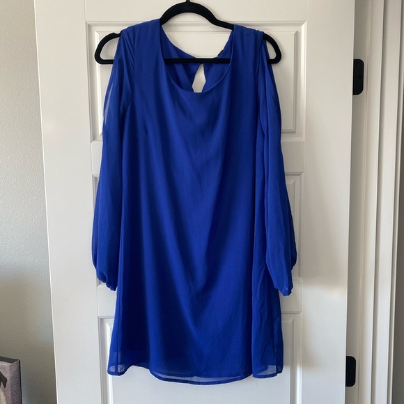 Women’s Royal Blue Long Sleeved Layered Sheer Dress - Picture 2 of 5